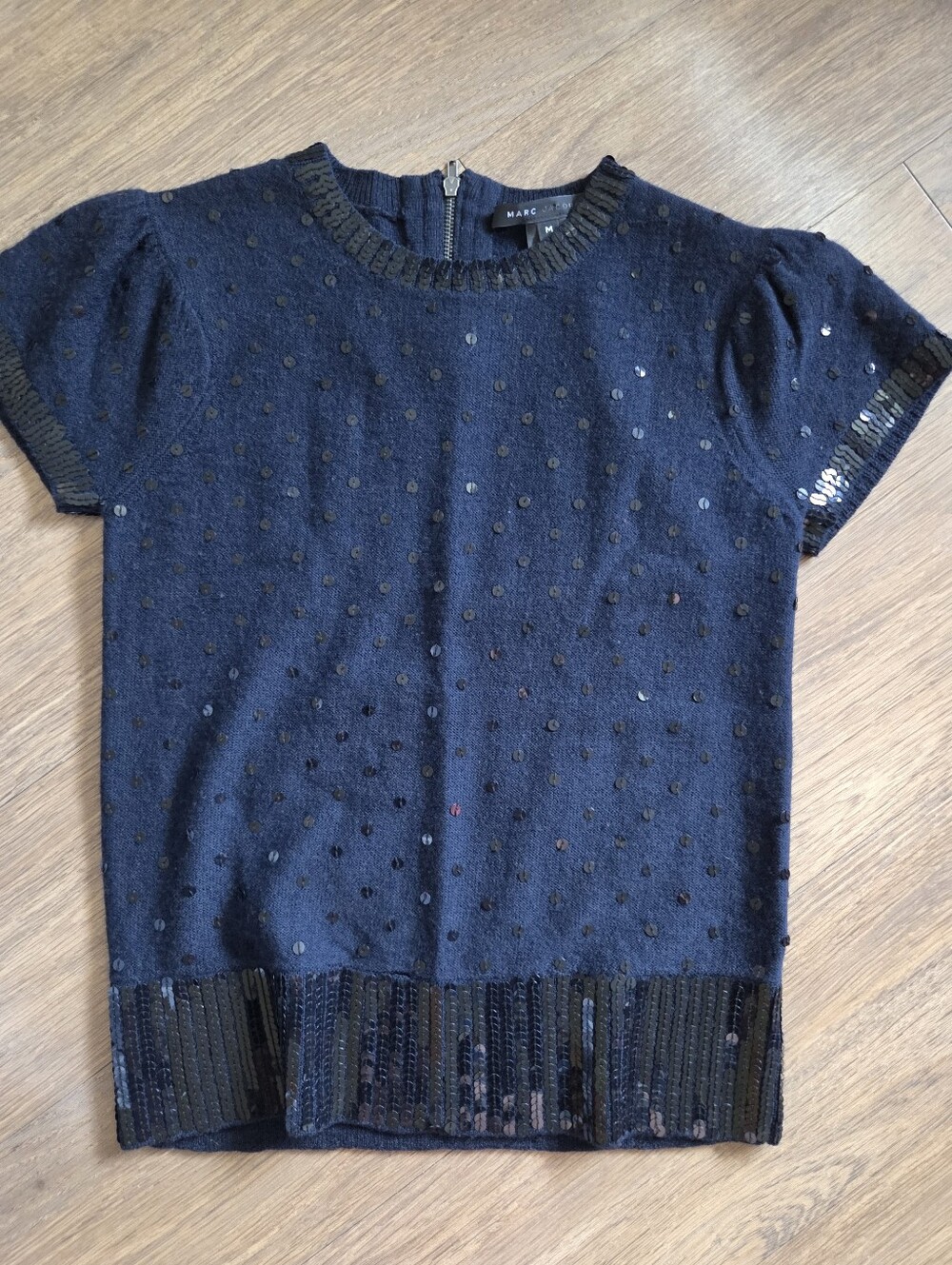 Marc Jacobs Wool Navy Short Sleeve Sequin Dot Knit Top Size M